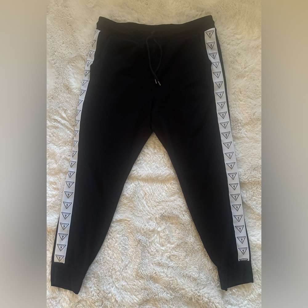 Vintage Guess Black with White Logo Line Stripe Sweatpants Size Medium
